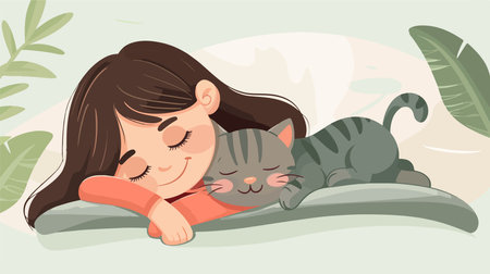 Adorable Girl Cuddling with Fluffy Cat on Cozy Bed at Homeのイラスト素材