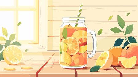 Fresh Quince Juice in Glass Jar with Whole and Sliced Quincesのイラスト素材