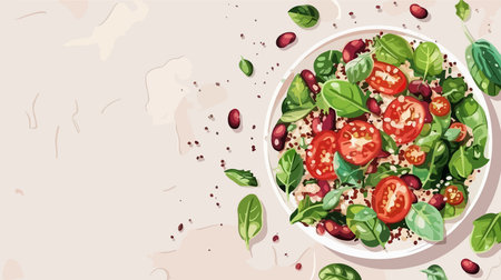 Quinoa Salad with Ripe Tomatoes, Beans and Fresh Spinach: A Healthy and Colorful Delightのイラスト素材