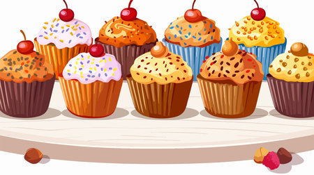 Delightful Sweet Cartoon Muffins in Closeup on White Tableのイラスト素材