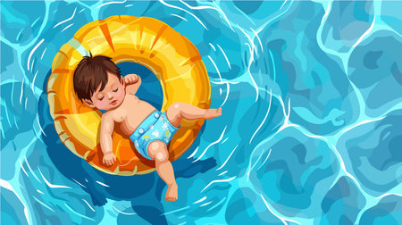 Cheerful Baby Enjoys Pool Time with Inflatable Ringのイラスト素材