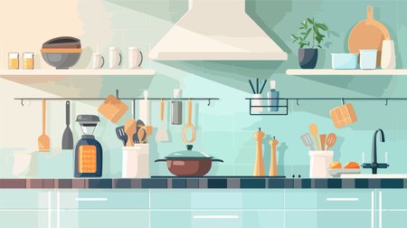 Modern Kitchen Countertop with Essential Cooking Tools and Productsのイラスト素材