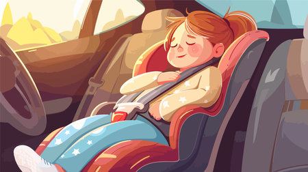 Snuggly Infant Napping Securely in a Child Safety Seatのイラスト素材