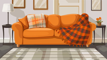 Cozy Cartoon Sofa Adorned with Vibrant Orange Plaid Patternのイラスト素材