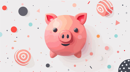 Top View of an Adorable Piggy Bank Featuring Cartoon Graphics on a White Backgroundのイラスト素材