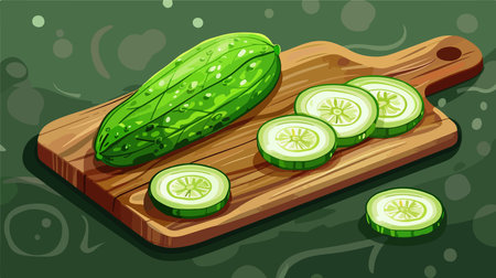 Close-up Shot of Ripe Cucumber Sliced on a Wooden Boardのイラスト素材