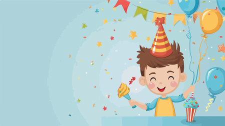 Person Blowing Party Whistle in Blue Birthday Hatのイラスト素材