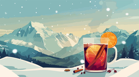 Festive Mulled Wine with Aromatic Spices Adorned in a Snowy Winter Settingのイラスト素材