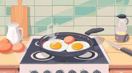 Cooking Chicken Eggs in a Pot on an Electric Stove in the Kitchenのイラスト素材