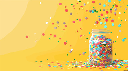 Colorful Sprinkles in a Glass Jar on a Vibrant Yellow Background with Flat Lay Photographyのイラスト素材