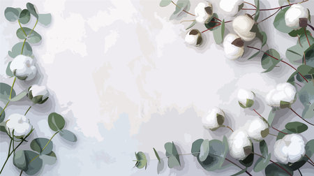 Cotton Blossoms and Eucalyptus Foliage on Subtle Grey Backgroundのイラスト素材