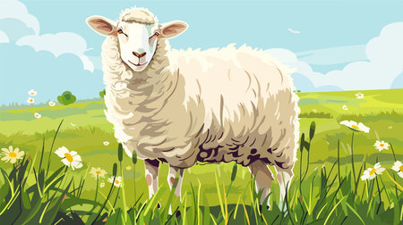 Closeup View of Cute Sheep Grazing on Lush Green Pastureのイラスト素材