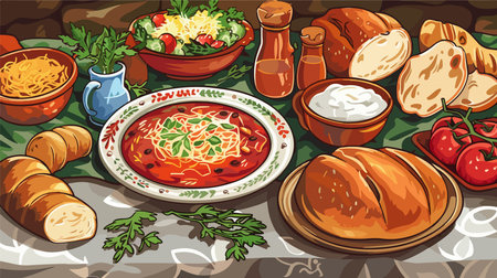 Scrumptious Ukrainian Banosh Delicacy Served on Tableclothのイラスト素材