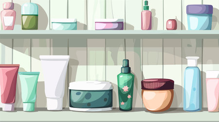 Array of Cosmetic Products Displayed on a Pure White Wooden Tableのイラスト素材