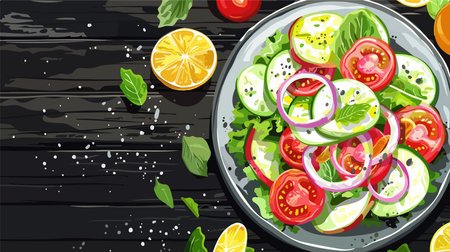 Fresh Garden Salad Displayed on a Dark Wooden Tabletopのイラスト素材