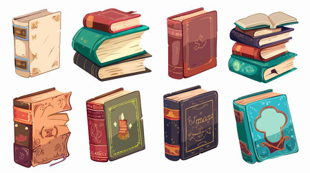 Collection of illustrated fantasy-style hardcover books with decorative covers and spinesのイラスト素材