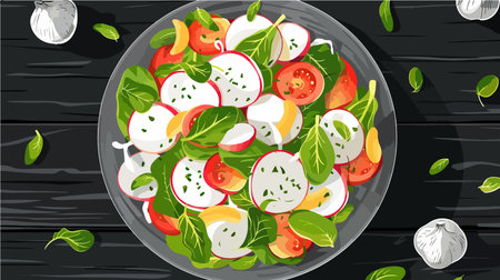 Fresh Salad Displayed on a Dark Wooden Tabletopのイラスト素材