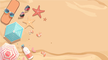 Assorted Beach Necessities Displayed on a Flat Sandy Surfaceのイラスト素材