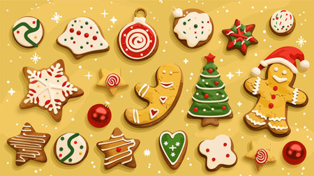 Festive Assortment of Gingerbread Cookies on a Vibrant Yellow Backgroundのイラスト素材