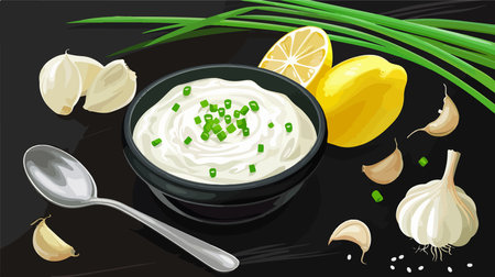 Homemade Yogurt Bowl Topped with Green Onions, Garlic, Lemon, and Everything Bagel Seasoningのイラスト素材