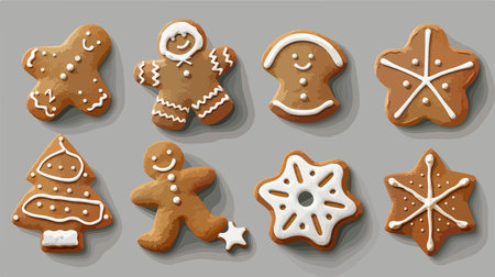 Festive Christmas Gingerbread Cookies on a Subtle Grey Background in Close-Up Photographyのイラスト素材