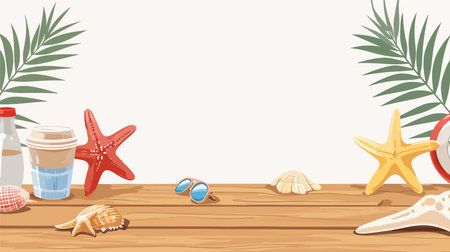 Beach Objects Displayed on a Wooden Table against a White Backgroundのイラスト素材