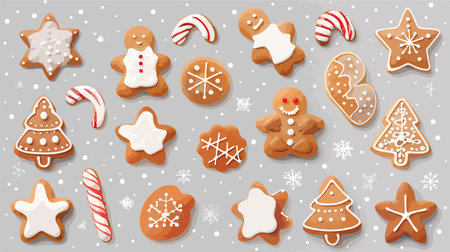 Festive Christmas Gingerbread Cookies on a Subtle Grey Background in Close-Up Photographyのイラスト素材