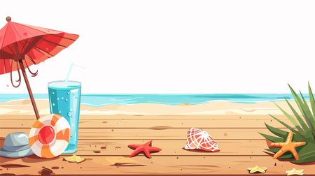 Beach Objects Displayed on a Wooden Table against a White Backgroundのイラスト素材