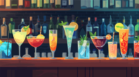 Array of Mouthwatering Cocktails Displayed on a Bar Counter in a Cartoon Styleのイラスト素材