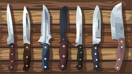 Assorted Utility Knives Displayed Flat on a Wooden Tabletopのイラスト素材