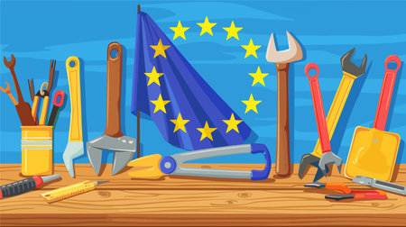 Diverse Construction Tools on a Wooden Surface with Industrial Backgroundのイラスト素材