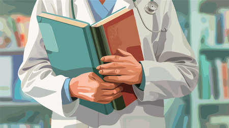 Doctor in Scrubs Holding Medical Books and Stethoscope Indoors Closeupのイラスト素材