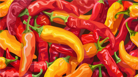 Assorted Ripe Chili Peppers Presented from Above on a Dark Backgroundのイラスト素材
