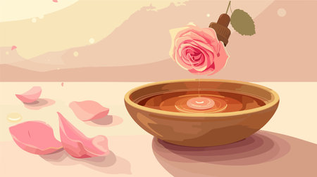 Cartoon Illustration of Dripping Rose Essential Oil into a Bowl on a Tableのイラスト素材