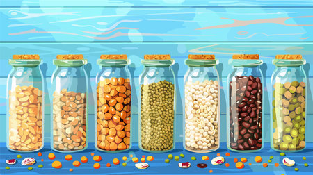 Diverse Array of Legumes and Cereals Preserved in Glass Jars for Culinary Delightsのイラスト素材