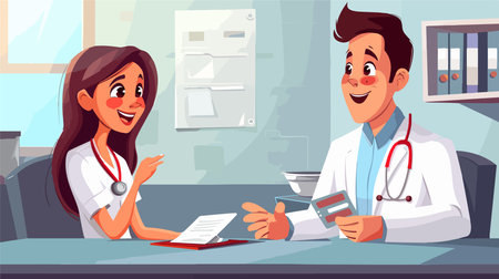 Doctor Consulting with Patient at Exam Room Table Holding Medical Chartのイラスト素材