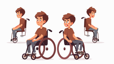 Emotional Teenage Boy in Wheelchair Expresses Intense Feelings on White Backgroundのイラスト素材