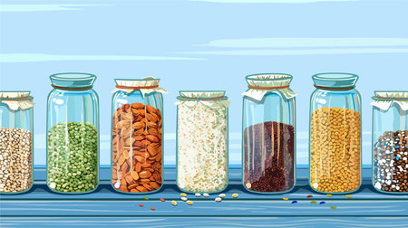 Diverse Array of Legumes and Cereals Preserved in Glass Jars for Culinary Delightsのイラスト素材