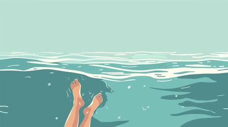 Cartoon Illustration of Drowning Woman's Legs Emerging in the Seaのイラスト素材