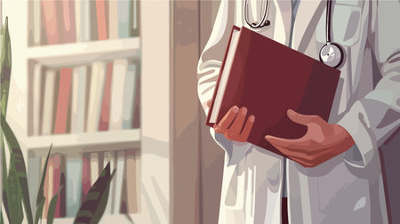 Doctor in Scrubs Holding Medical Books and Stethoscope Indoors Closeupのイラスト素材