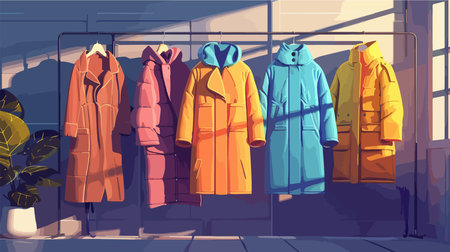 Warm Coats Displayed on a Rack in a Stylish Roomのイラスト素材