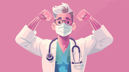 Healthcare Professional Displaying Muscular Arms While Wearing Pink Background Face Maskのイラスト素材