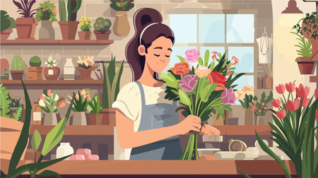 Florist Creating an Enchanting Bouquet in a Flower Shopのイラスト素材