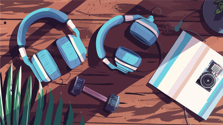 Fitness Essentials: Dumbbells, Headphones, and Magazine for Workout Motivationのイラスト素材