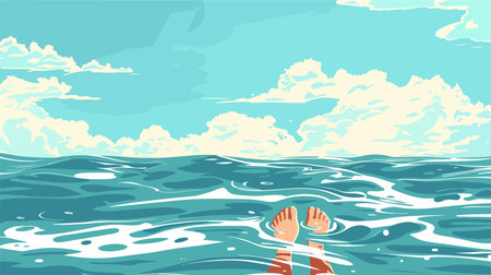 Cartoon Illustration of Drowning Woman's Legs Emerging in the Seaのイラスト素材