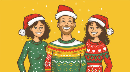 Merry Christmas Family Portrait in Festive Christmas Sweaters and Santa Hatsのイラスト素材