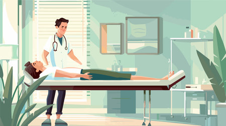 Doctor Examines Patient Closely in Hospital for Rehabilitationのイラスト素材