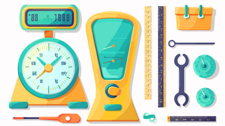 Precision Measuring Tools: Electronic Scale and Measuring Tape on Pristine White Backgroundのイラスト素材