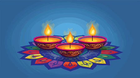 Diwali Festivities with Colorful Rangoli and Illuminated Diya Lampsのイラスト素材