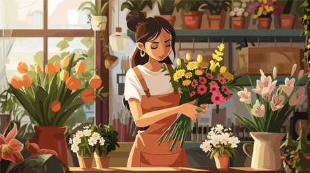 Florist Creating an Enchanting Bouquet in a Flower Shopのイラスト素材